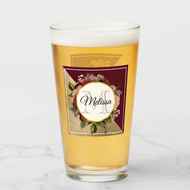 Gold Marble Pattern and Burgundy Florals Monogram Glass (Front Filled)