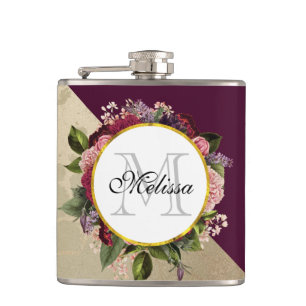 Gold Marble Pattern and Burgundy Florals Monogram Hip Flask