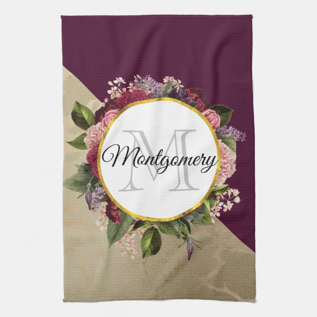 Gold Marble Pattern and Burgundy Florals Monogram Kitchen Towel (Vertical)