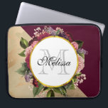 Gold Marble Pattern and Burgundy Florals Monogram Laptop Sleeve<br><div class="desc">A laptop bag with a golden marble pattern and a solid burgundy colour layered diagonally together. A circle with a faux gold foil border which is layered over a pretty floral bouquet with roses,  carnations and other flowers.  Personalize with your name and monogram inside the circle.</div>