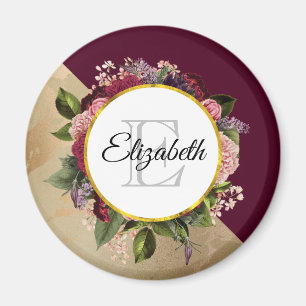 Gold Marble Pattern and Burgundy Florals Monogram Magnet