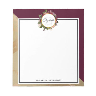 Gold Marble Pattern and Burgundy Florals Monogram Notepad