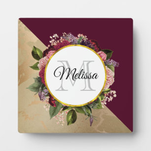 Gold Marble Pattern and Burgundy Florals Monogram Plaque