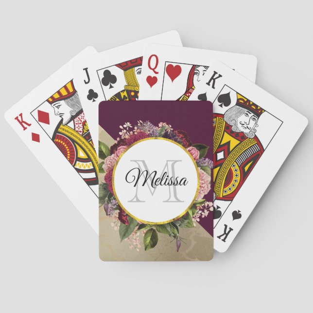 Gold Marble Pattern and Burgundy Florals Monogram Playing Cards (Back)