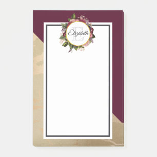Gold Marble Pattern and Burgundy Florals Monogram Post-it Notes
