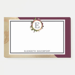 Gold Marble Pattern and Burgundy Florals Monogram Post-it Notes