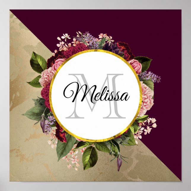 Gold Marble Pattern and Burgundy Florals Monogram Poster (Front)