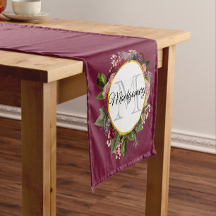 Gold Marble Pattern and Burgundy Florals Monogram Short Table Runner