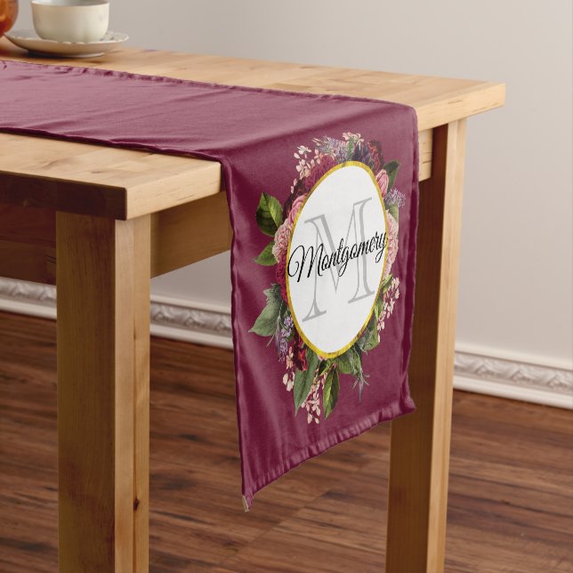 Gold Marble Pattern and Burgundy Florals Monogram Short Table Runner (In Situ)