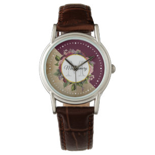 Gold Marble Pattern and Burgundy Florals Monogram Watch