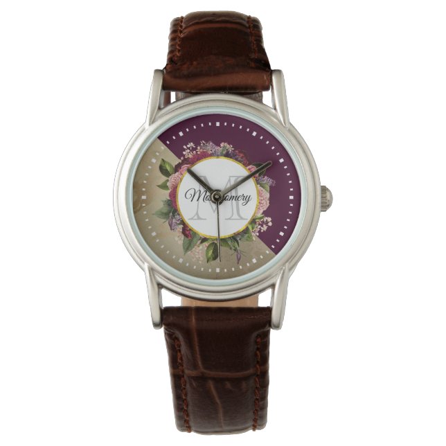 Gold Marble Pattern and Burgundy Florals Monogram Watch (Front)