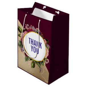 Gold Marble Pattern and Burgundy Florals Thank You Medium Gift Bag