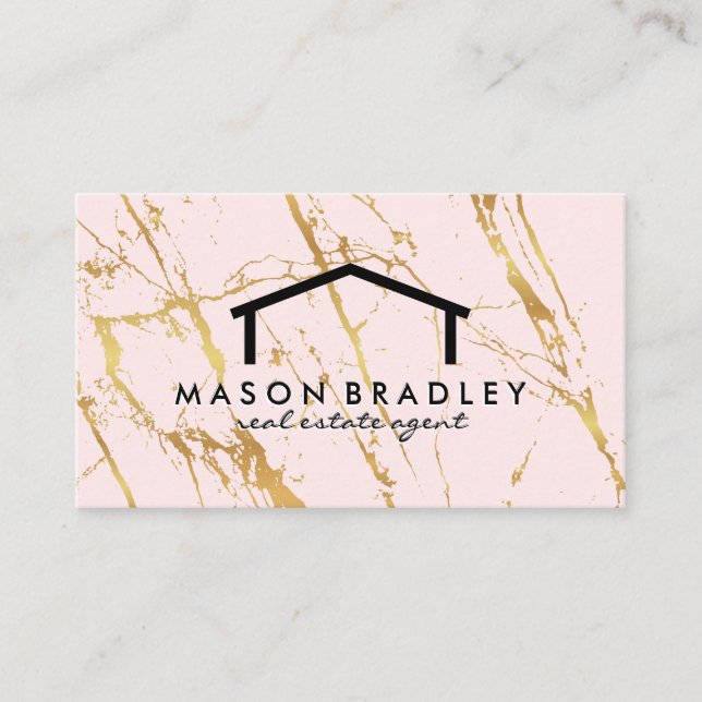 Gold Marble Pink | Home Icon Business Card (Front)