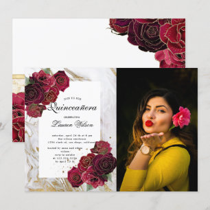 gold marble roses floral  Quinceanera Photo  Invit Invitation