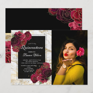 gold marble roses floral  Quinceanera Photo  Invitation