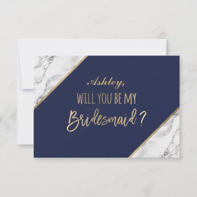 Gold marble script navy blue be my bridesmaid invitation (Front)