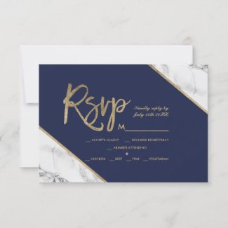 gold marble script navy blue rsvp wedding