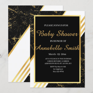 Gold marble stripes typography black  Baby Shower Invitation