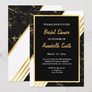 Gold marble stripes typography black Bridal Shower Invitation