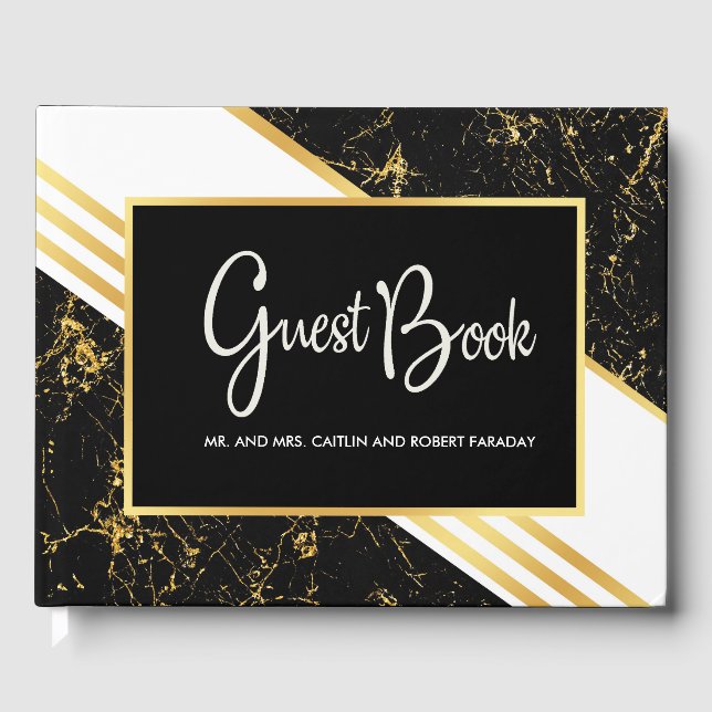 Gold marble stripes typography black guest book (Front)
