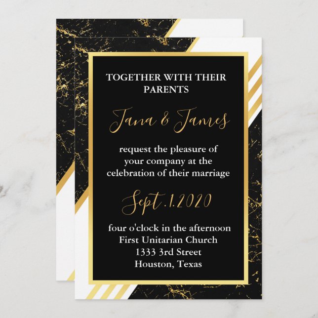 Gold marble stripes typography black invitation (Front/Back)
