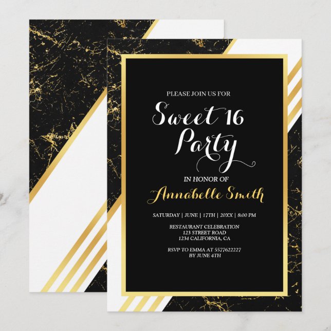 Gold marble stripes typography black sweet 16 invitation (Front/Back)