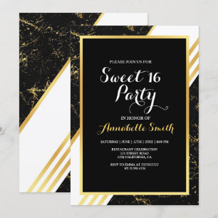 Gold marble stripes typography black sweet 16 invitation