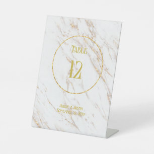 Gold Marble w/Text In Gold Circle Tabletop  Pedestal Sign