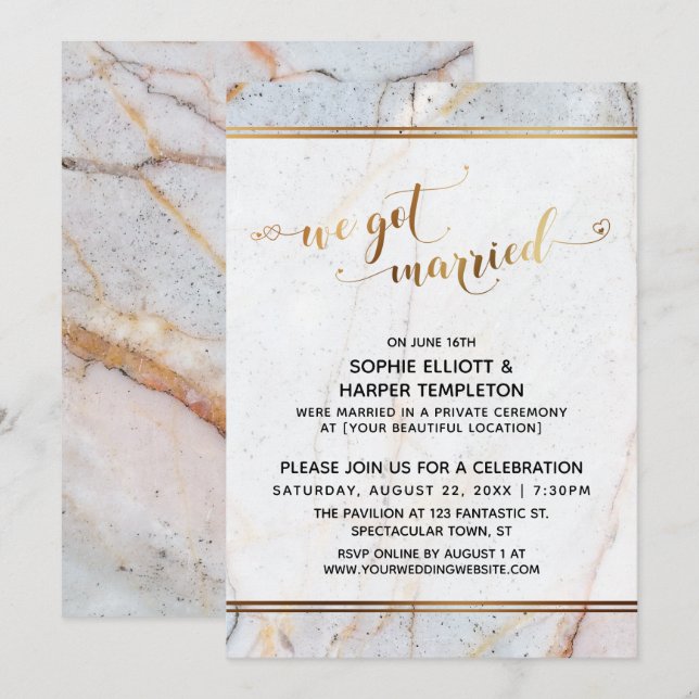 Gold Marble We Got Married Calligraphy Hearts Invitation (Front/Back)