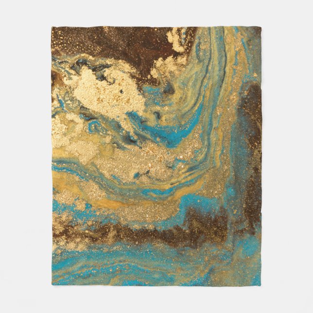 Gold marbling: blue marble texture. fleece blanket (Front)