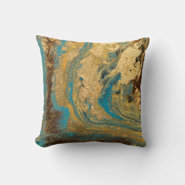 Gold marbling: blue marble texture. throw pillow (Front)