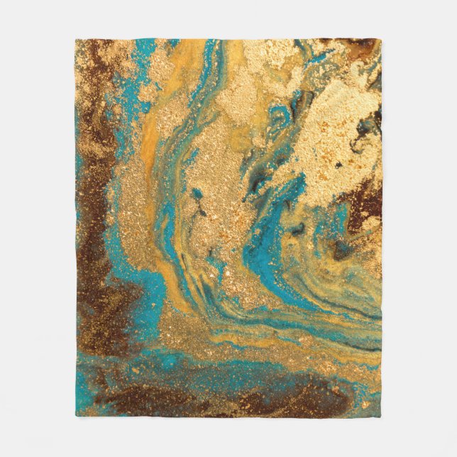 Gold marbling texture design. Blue and golden marb Fleece Blanket (Front)
