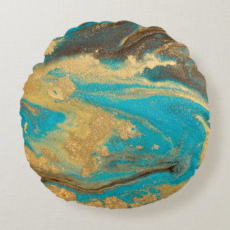 Gold marbling texture design. Blue and golden marb Round Pillow