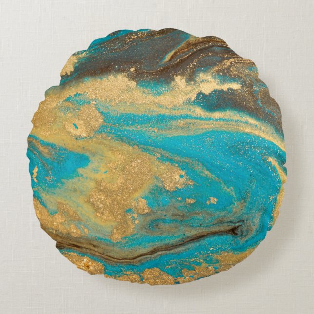 Gold marbling texture design. Blue and golden marb Round Pillow (Front)