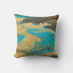 Gold marbling texture design. Blue and golden marb Throw Pillow