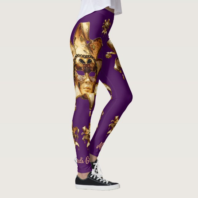 Gold Mardi Gras Masks on Plum Leggings (Right)