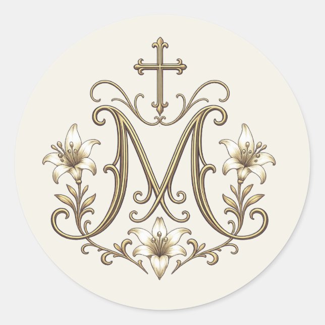Gold Marian Cross Monogram Classic Round Sticker (Front)