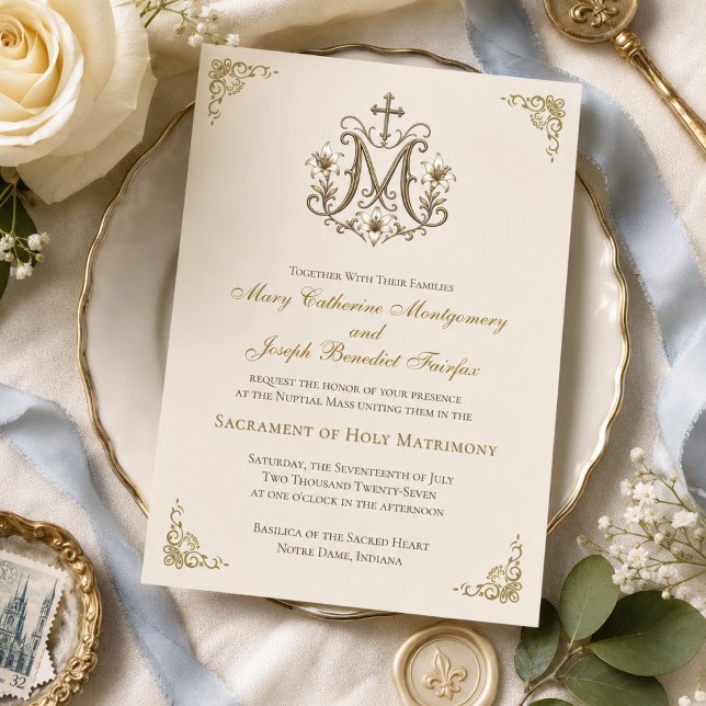 Gold Marian Cross Monogram Nuptial Wedding Invitation (Creator Uploaded)