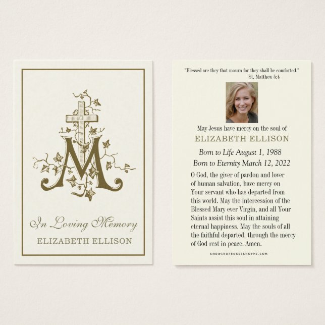 Gold Marian Cross Virgin Mary Funeral Prayer Card (Front & Back)