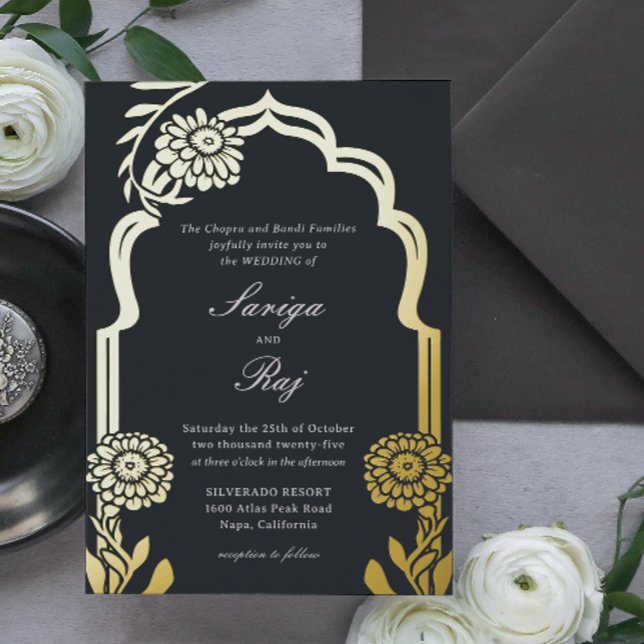 Gold Marigold Faire-part de mariage indien (indian wedding invitation, hindu wedding invitation, gold foil marigold floral mundap canopy arch)