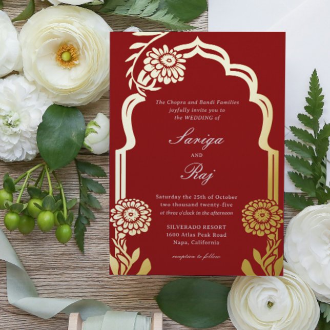 Gold Marigold Indian Wedding Invitation (indian wedding invitation, hindu wedding invitation red marigold floral gold foil mundap arch invite)