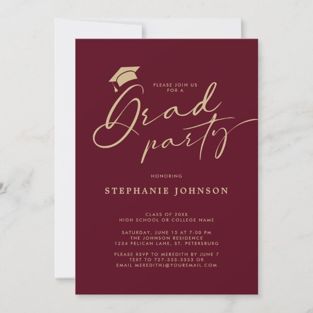Gold Maroon Grad Cap Calligraphy Graduation Party Invitation (Front)