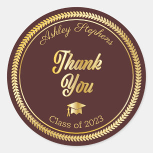 Gold Maroon Grad Cap Class of 2023 Thank You Classic Round Sticker