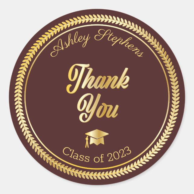 Gold | Maroon Grad Cap Class of 2023 Thank You Classic Round Sticker (Front)