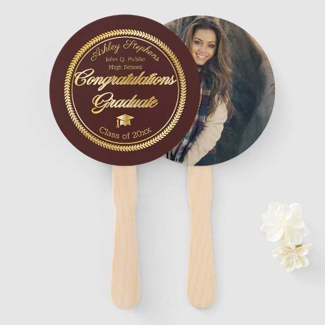 Gold Maroon Graduation Photo Class of 2023 Hand Fan (Front and Back)