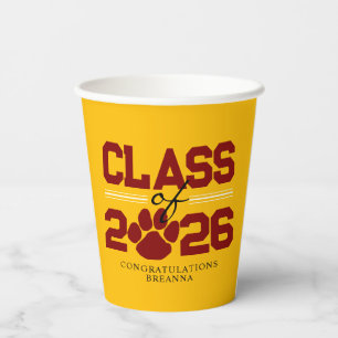 Gold & Maroon Pawprint Class of Graduation Paper Cups