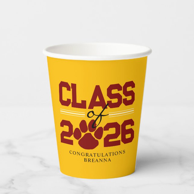 Gold & Maroon Pawprint Class of Graduation Paper Cups (Back)
