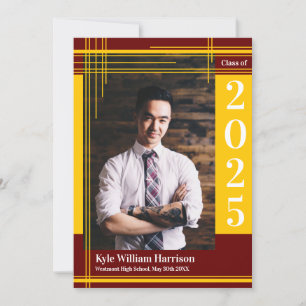 Gold Maroon School Colour Graduation Photo Plaid Invitation