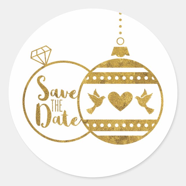 Gold, Marry and Bright Christmas Save the Date Classic Round Sticker (Front)
