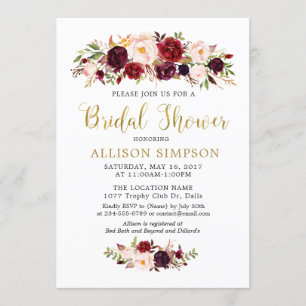 Gold Marsala Flowers BridalShower Invitations
